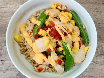 Mango Sriracha Turkey over Rice