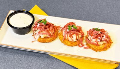 Fried Green Tomatoes with pimento cheese and turkey bacon